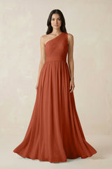 One - Shoulder Pleated Chiffon Bridesmaid Gown in Spice - KISS BRIDAL Bridesmaid Dresses