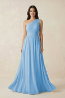 One - Shoulder Pleated Chiffon Bridesmaid Gown in Steel Blue - KISS BRIDAL Bridesmaid Dresses