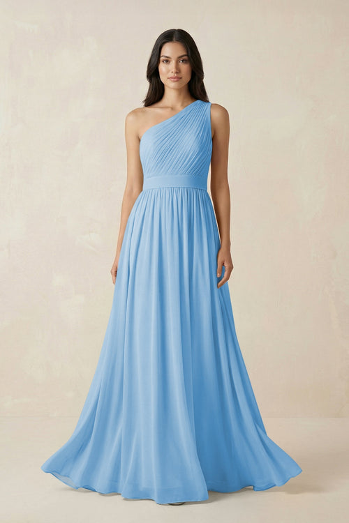 One - Shoulder Pleated Chiffon Bridesmaid Gown in Steel Blue - KISS BRIDAL Bridesmaid Dresses