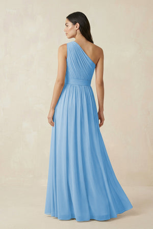 One - Shoulder Pleated Chiffon Bridesmaid Gown in Steel Blue - KISS BRIDAL Bridesmaid Dresses