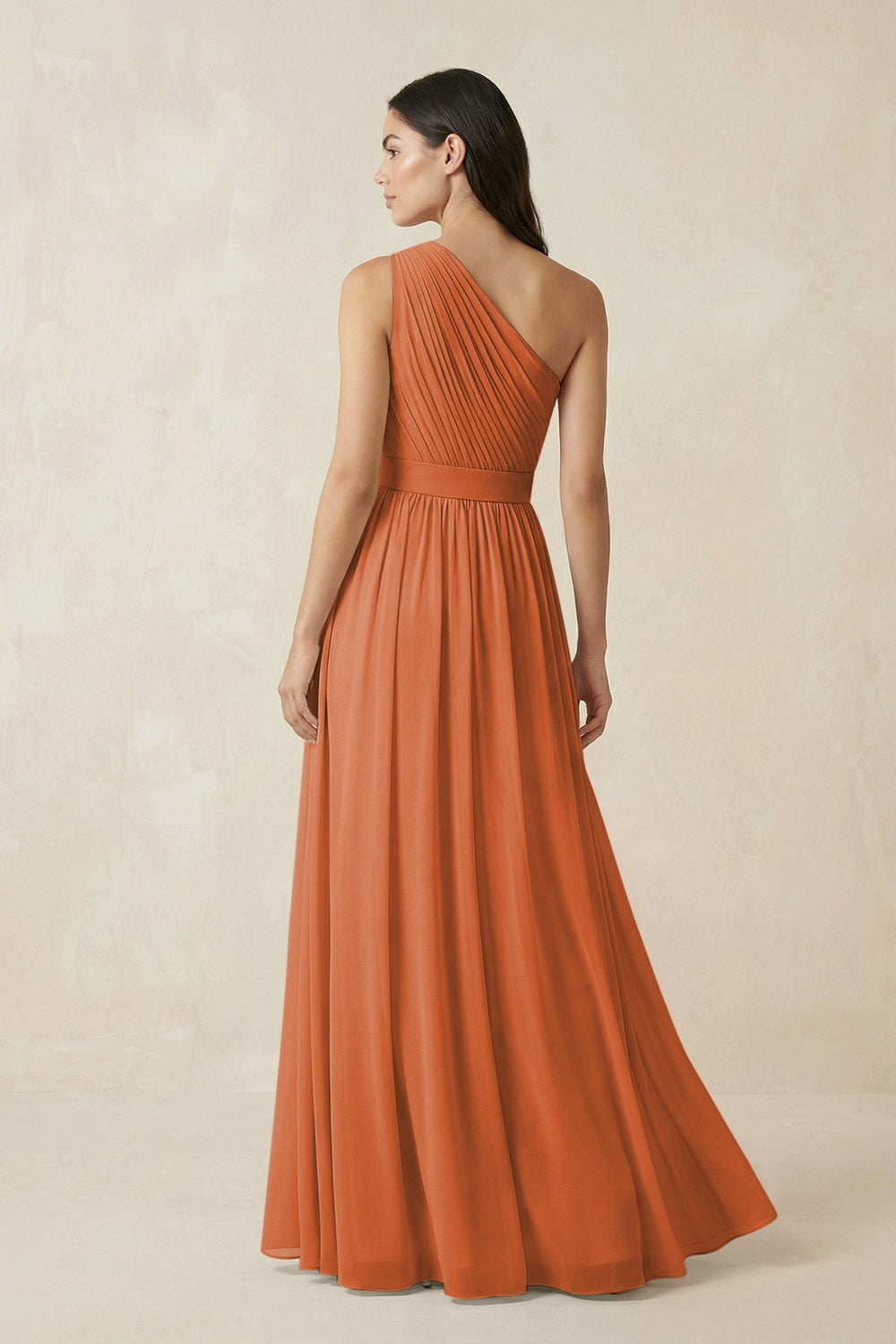 One - Shoulder Pleated Chiffon Bridesmaid Gown in Terracotta - KISS BRIDAL Bridesmaid Dresses