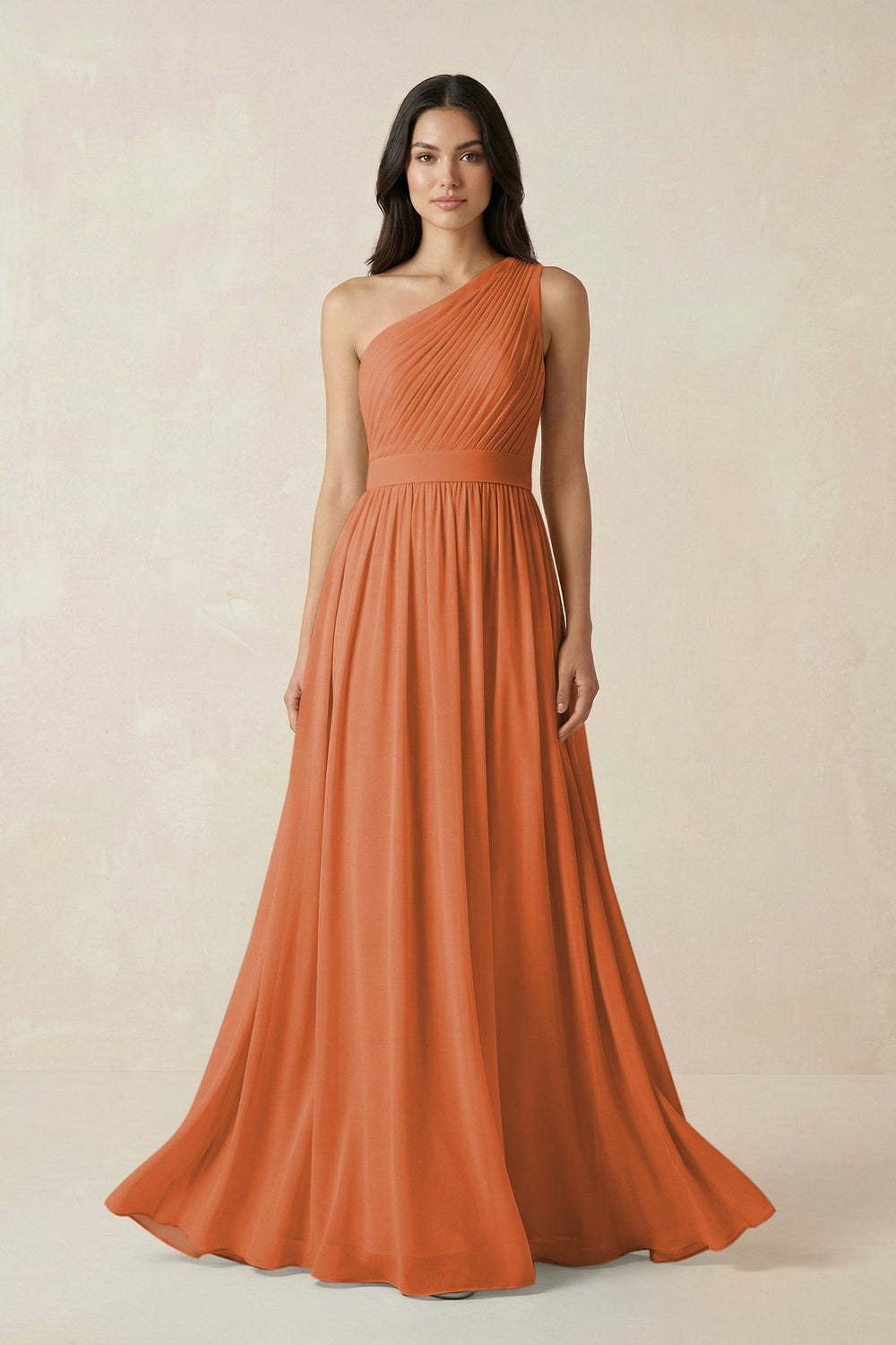 One - Shoulder Pleated Chiffon Bridesmaid Gown in Terracotta - KISS BRIDAL Bridesmaid Dresses