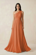 One - Shoulder Pleated Chiffon Bridesmaid Gown in Terracotta - KISS BRIDAL Bridesmaid Dresses