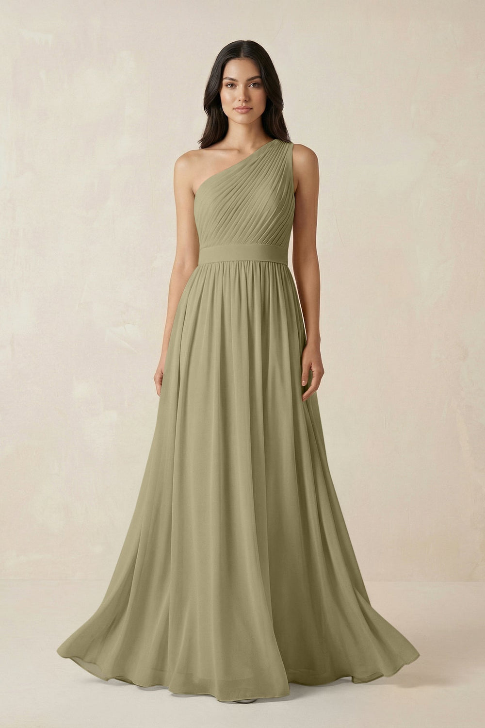 One - Shoulder Pleated Chiffon Bridesmaid Gown in Thyme - KISS BRIDAL Bridesmaid Dresses