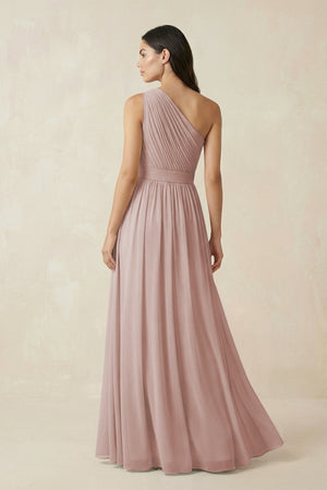 One - Shoulder Pleated Chiffon Bridesmaid Gown in Toffee - KISS BRIDAL Bridesmaid Dresses