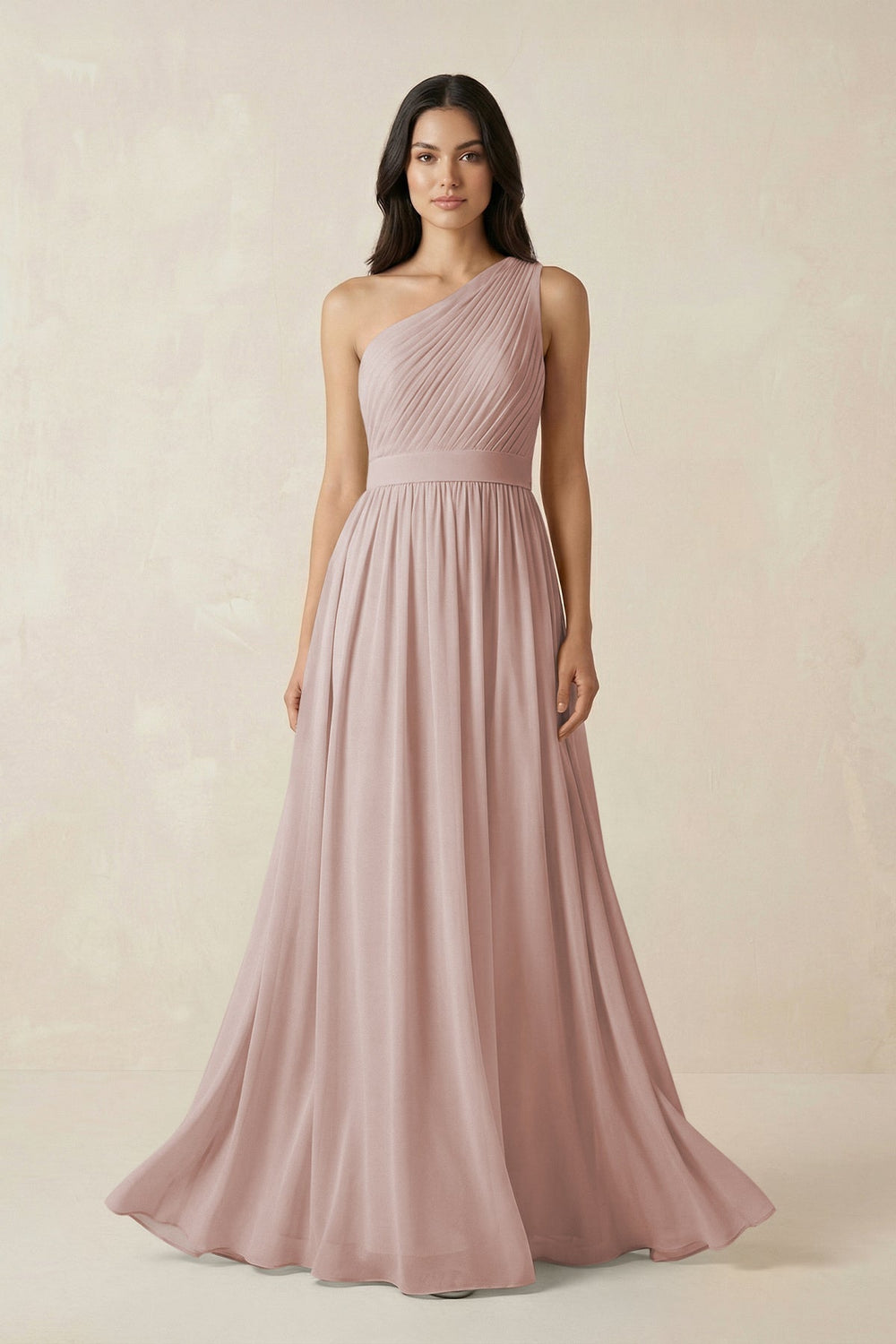 One - Shoulder Pleated Chiffon Bridesmaid Gown in Toffee - SHE IS ME Bridesmaid Dresses