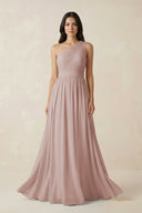 One-Shoulder Pleated Chiffon Bridesmaid Gown in Toffee | KISSBRIDAL