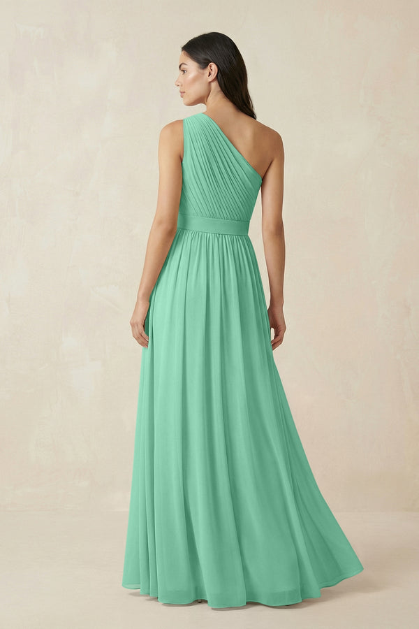 One - Shoulder Pleated Chiffon Bridesmaid Gown in Turquoise - KISS BRIDAL Bridesmaid Dresses