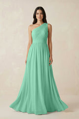 One - Shoulder Pleated Chiffon Bridesmaid Gown in Turquoise - KISS BRIDAL Bridesmaid Dresses