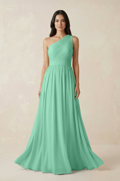 One - Shoulder Pleated Chiffon Bridesmaid Gown in Turquoise - KISS BRIDAL Bridesmaid Dresses