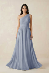 One - Shoulder Pleated Chiffon Bridesmaid Gown in Twilight - KISS BRIDAL Bridesmaid Dresses