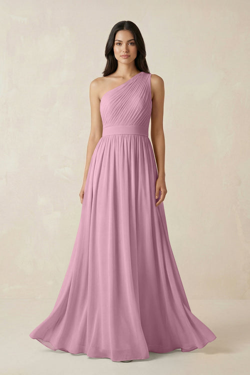 One - Shoulder Pleated Chiffon Bridesmaid Gown in Vintage Mauve - KISS BRIDAL Bridesmaid Dresses
