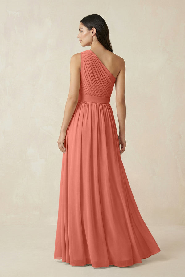 One - Shoulder Pleated Chiffon Bridesmaid Gown in Wild Rose - KISS BRIDAL Bridesmaid Dresses