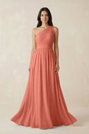One - Shoulder Pleated Chiffon Bridesmaid Gown in Wild Rose - KISS BRIDAL Bridesmaid Dresses