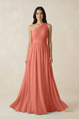 One - Shoulder Pleated Chiffon Bridesmaid Gown in Wild Rose - KISS BRIDAL Bridesmaid Dresses