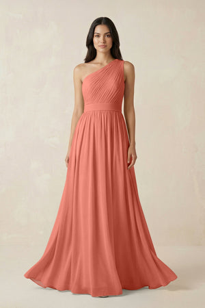 One - Shoulder Pleated Chiffon Bridesmaid Gown in Wild Rose - KISS BRIDAL Bridesmaid Dresses