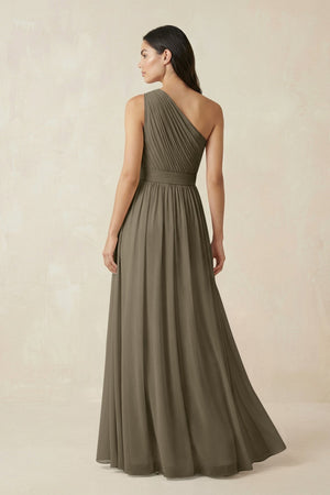 One - Shoulder Pleated Chiffon Bridesmaid Gown in Willow Green - KISS BRIDAL Bridesmaid Dresses