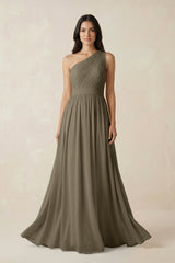 One - Shoulder Pleated Chiffon Bridesmaid Gown in Willow Green - KISS BRIDAL Bridesmaid Dresses