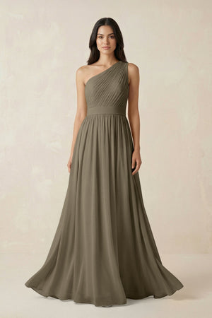 One - Shoulder Pleated Chiffon Bridesmaid Gown in Willow Green - KISS BRIDAL Bridesmaid Dresses