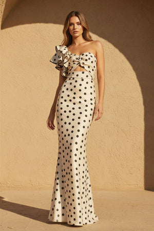 One Shoulder Polka Dot Ruffled Gown in Ivory - SHE IS ME PROM DRESSES