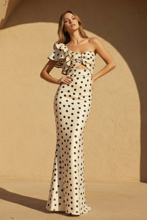 One Shoulder Polka Dot Ruffled Gown in Ivory - SHE IS ME PROM DRESSES
