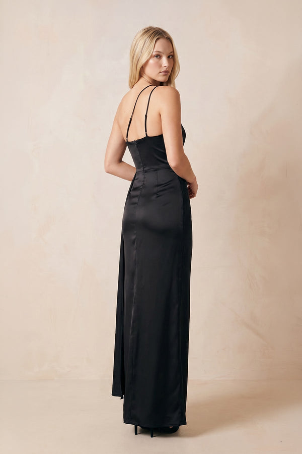 One-Shoulder Ribbon Sheath Maxi Dress with Slit in Black – SHE IS ME Dresses