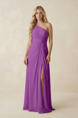 One - Shoulder Ruched A - Line Chiffon Bridesmaid Dress in Amethyst - KISS BRIDAL Bridesmaid Dresses