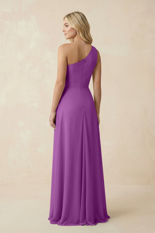 One - Shoulder Ruched A - Line Chiffon Bridesmaid Dress in Amethyst - SHE IS ME Bridesmaid Dresses