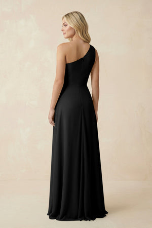 One - Shoulder Ruched A - Line Chiffon Bridesmaid Dress in Black - SHE IS ME Bridesmaid Dresses