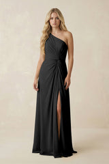 One - Shoulder Ruched A - Line Chiffon Bridesmaid Dress in Black - KISS BRIDAL Bridesmaid Dresses