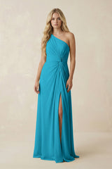One - Shoulder Ruched A - Line Chiffon Bridesmaid Dress in Blue Jay - KISS BRIDAL Bridesmaid Dresses