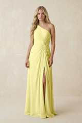 One - Shoulder Ruched A - Line Chiffon Bridesmaid Dress in Buttercup - KISS BRIDAL Bridesmaid Dresses