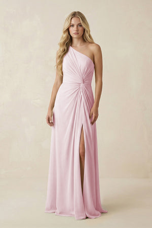 One - Shoulder Ruched A - Line Chiffon Bridesmaid Dress in Candy Pink - SHE IS ME Bridesmaid Dresses