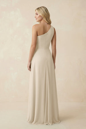 One - Shoulder Ruched A - Line Chiffon Bridesmaid Dress in Champagne - SHE IS ME Bridesmaid Dresses