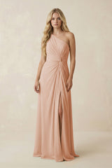 One - Shoulder Ruched A - Line Chiffon Bridesmaid Dress in Champagne Rose - KISS BRIDAL Bridesmaid Dresses