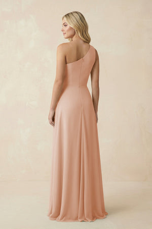 One - Shoulder Ruched A - Line Chiffon Bridesmaid Dress in Champagne Rose - SHE IS ME Bridesmaid Dresses