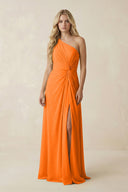 One - Shoulder Ruched A - Line Chiffon Bridesmaid Dress in Cinnamon - SHE IS ME Bridesmaid Dresses