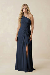 One - Shoulder Ruched A - Line Chiffon Bridesmaid Dress in Dark Navy - KISS BRIDAL Bridesmaid Dresses