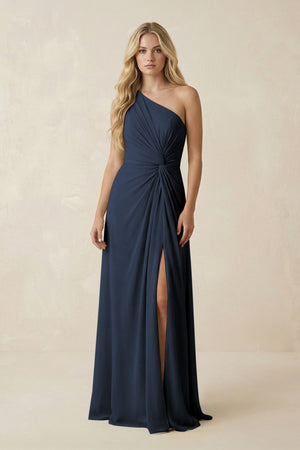 One - Shoulder Ruched A - Line Chiffon Bridesmaid Dress in Dark Navy - SHE IS ME Bridesmaid Dresses