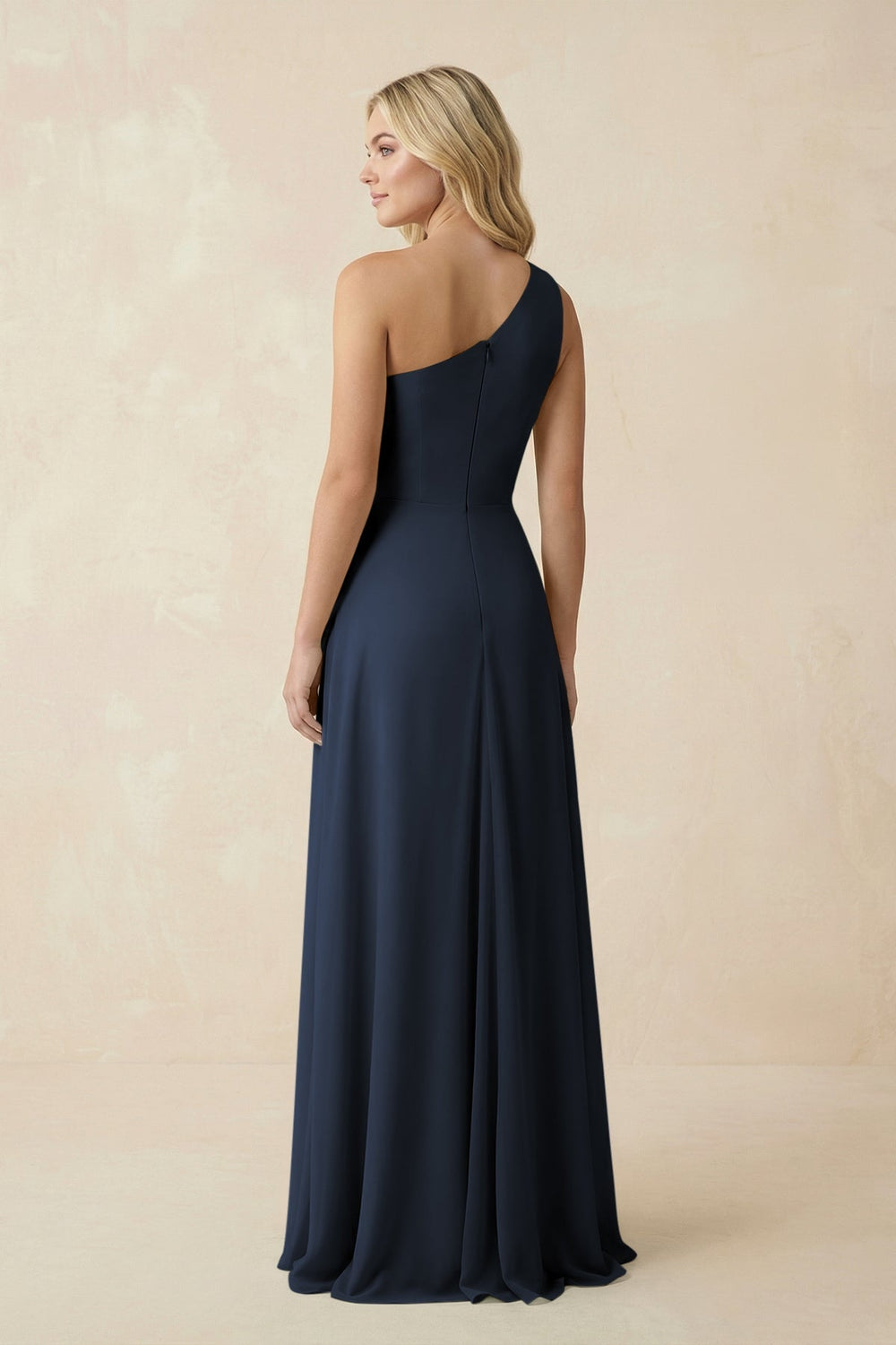 One - Shoulder Ruched A - Line Chiffon Bridesmaid Dress in Dark Navy - SHE IS ME Bridesmaid Dresses