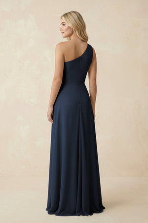 One - Shoulder Ruched A - Line Chiffon Bridesmaid Dress in Dark Navy - SHE IS ME Bridesmaid Dresses