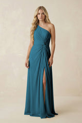 One - Shoulder Ruched A - Line Chiffon Bridesmaid Dress in Dark Teal - KISS BRIDAL Bridesmaid Dresses