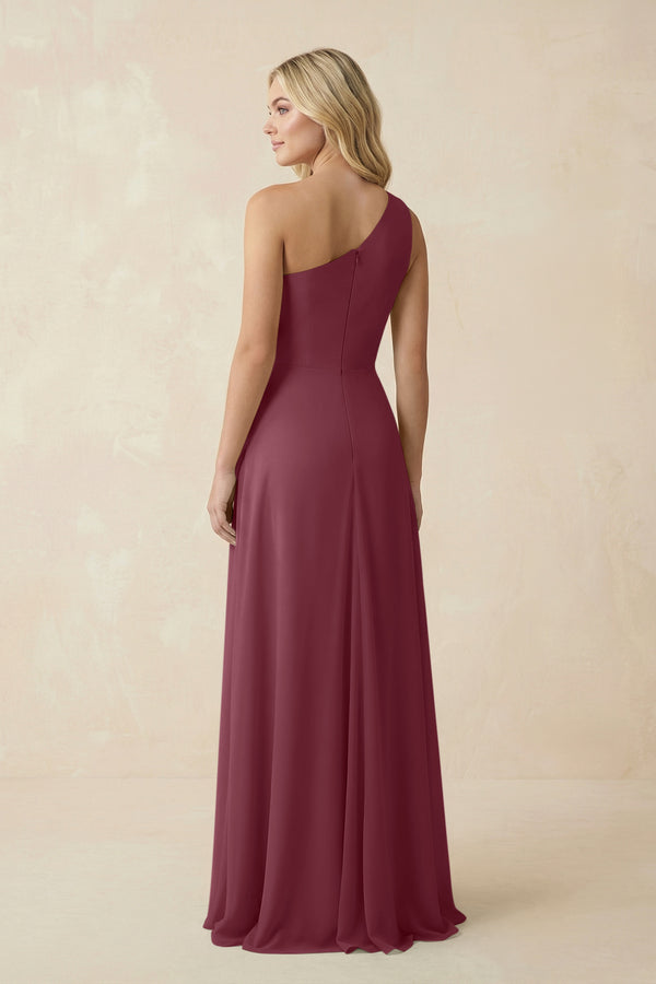 One-Shoulder Ruched A-Line Chiffon Bridesmaid Dress in Desert Rose (2) | KISSBRIDAL
