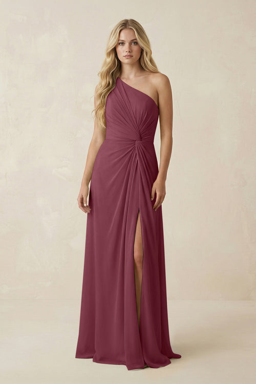 One-Shoulder Ruched A-Line Chiffon Bridesmaid Dress in Desert Rose | KISSBRIDAL
