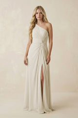 One - Shoulder Ruched A - Line Chiffon Bridesmaid Dress in Dove Gray - KISS BRIDAL Bridesmaid Dresses