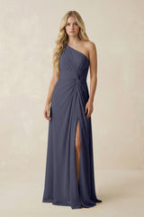 One - Shoulder Ruched A - Line Chiffon Bridesmaid Dress in Dusk Blue - KISS BRIDAL Bridesmaid Dresses