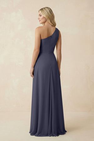 One - Shoulder Ruched A - Line Chiffon Bridesmaid Dress in Dusk Blue - SHE IS ME Bridesmaid Dresses