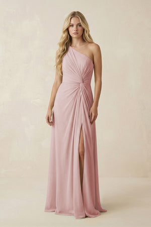 One - Shoulder Ruched A - Line Chiffon Bridesmaid Dress in Dusty Rose - SHE IS ME Bridesmaid Dresses