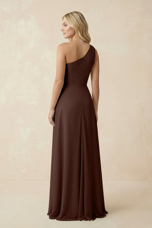 One - Shoulder Ruched A - Line Chiffon Bridesmaid Dress in Espresso - SHE IS ME Bridesmaid Dresses