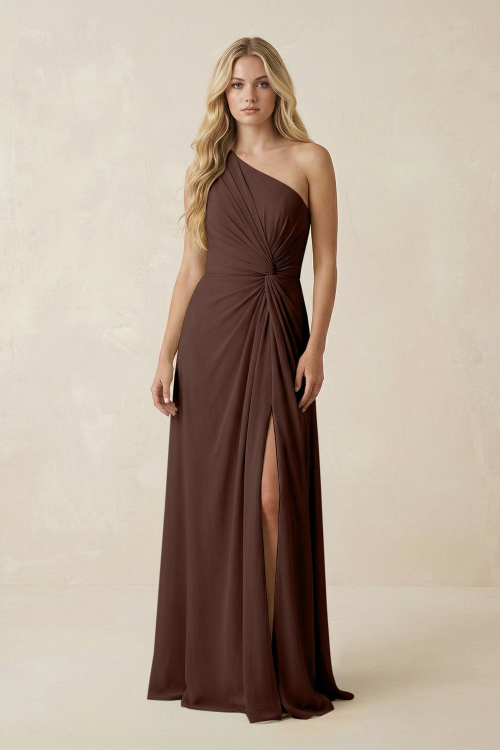 One - Shoulder Ruched A - Line Chiffon Bridesmaid Dress in Espresso - SHE IS ME Bridesmaid Dresses